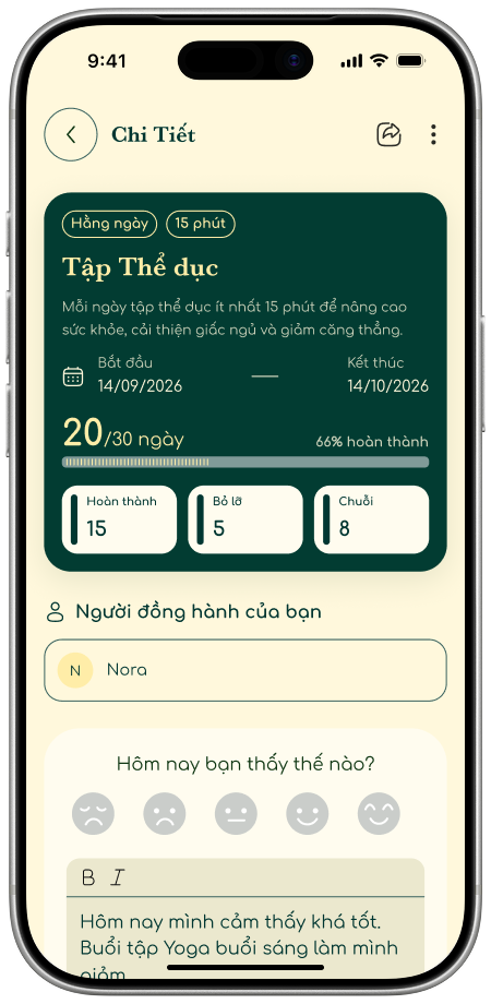 Màn hình Chi Tiết thử thách trong app: tiến độ 20/30 ngày, người đồng hành và ghi chú check-in hằng ngày