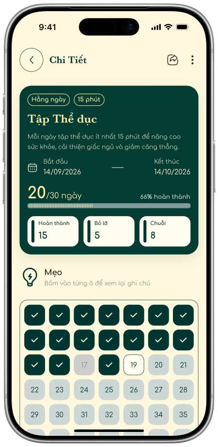 Màn hình Chi Tiết thử thách trong app: lưới ngày đã check-in, tiến độ 20/30 ngày, chuỗi 8 ngày